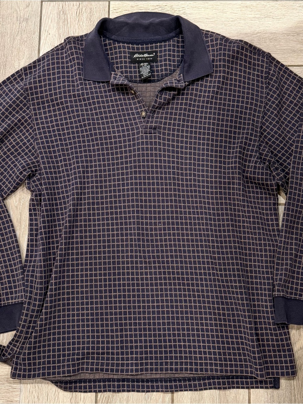 Vintage Eddie Bauer Navy Grid 100% Cotton Long-Sleeve Polo